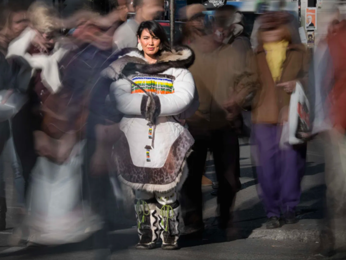 Beatrice wearing the traditional caribou skin amauti she made with Julie Grenier commissioned by the Museum of Man in Paris in September 2015