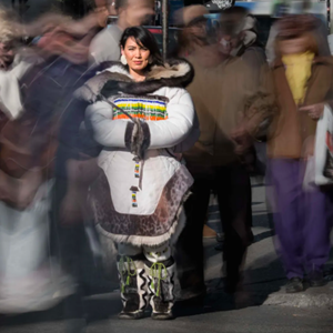Beatrice wearing the traditional caribou skin amauti she made with Julie Grenier (2015)