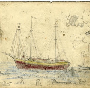 Untitled (Ships, sea birds and seals in water, boy on sled, erased figure and man with syllabics over head)  (late 1930s)