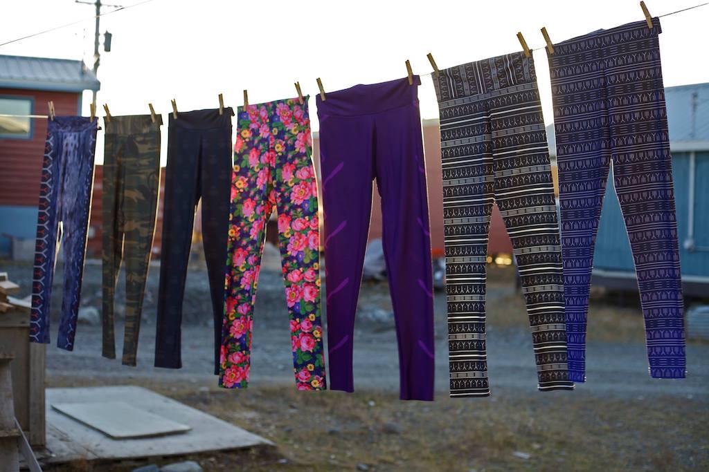 Hinaani Design leggings from left to right: Retro Qihik, Tuktu Camo, Black Ulu, Piruqsiat, Purple Pana, Ukkuhikhaq Tunniit and Midnight Tunniit
