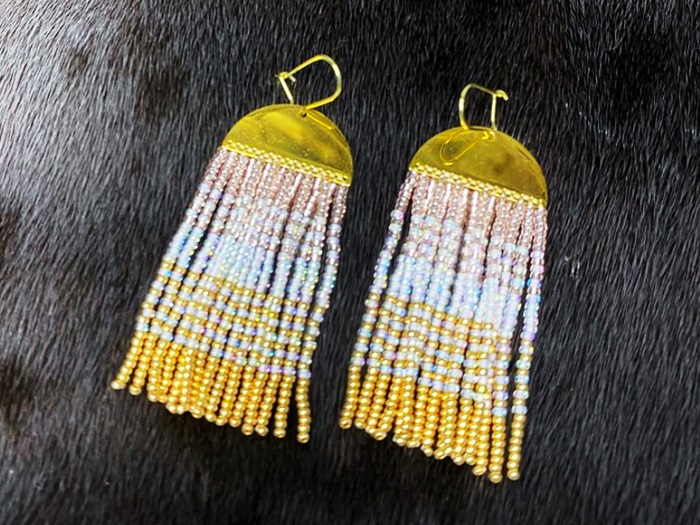 Gold plated qauruti earrings with blush pink, white and gold beads (2020)
