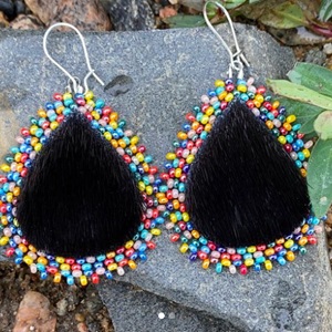 Black sealskin teardrops with multicoloured lustre beads (2021)