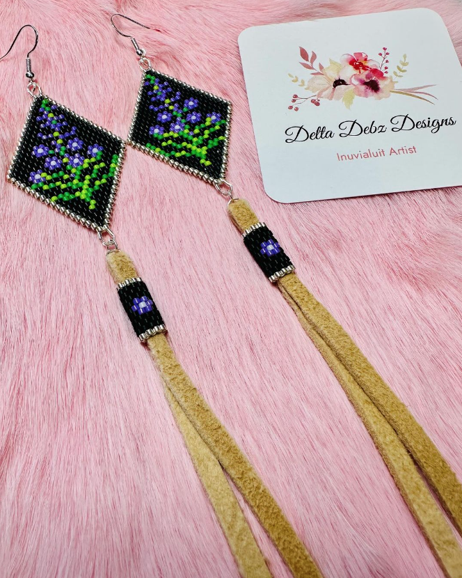 Untitled (Fireweed design with smoked deer hide fringe) (2024)