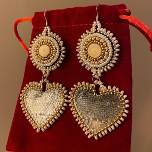 Ivory earrings with fishskin hearts (2022)