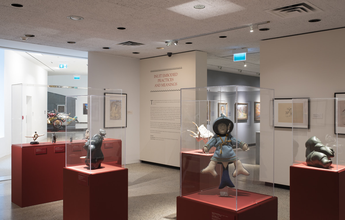 Installation shot of Kakiniit Hivonighijotaa: Inuit Embodied Practices and Meanings at the Winnipeg Art Gallery-Qaumajuq (2022)