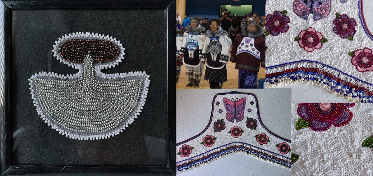 Ulu shaped beadwork on melton wool (2022) with beaded chest plate by Kanayuk Pootoogook