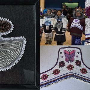 Ulu shaped beadwork on melton wool (2022) with beaded chest plate by Kanayuk Pootoogook