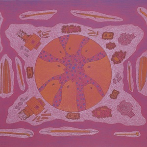 Untitled (Abstract composition with aerial camp view and a circle of bird heads) (2009)