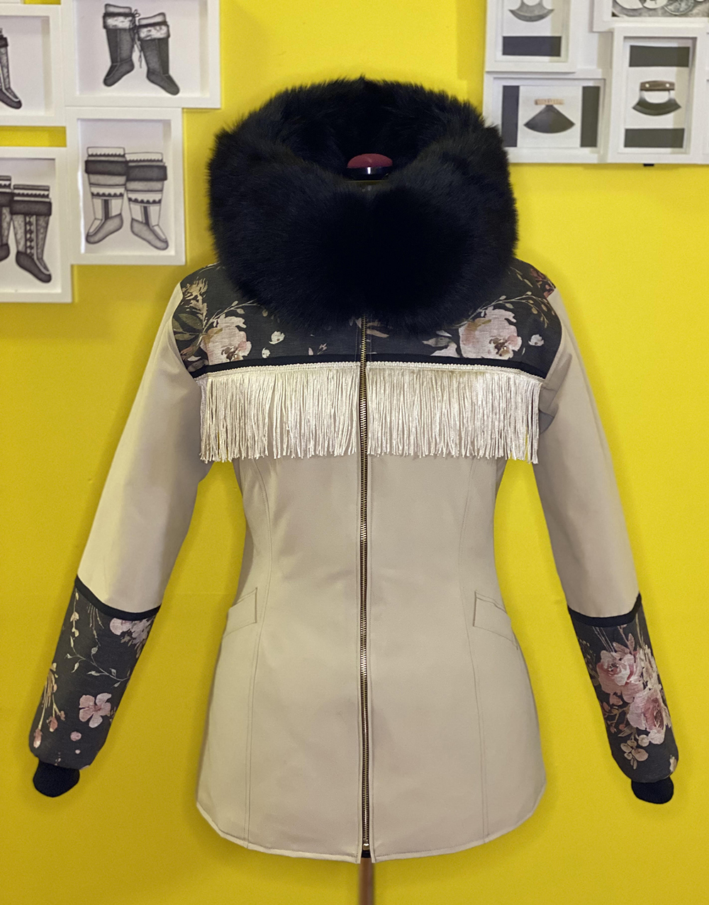 Beige commander and floral canvas parka with gold fringes (2022)