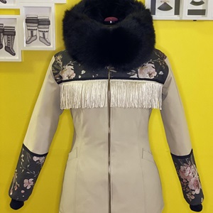 Beige commander and floral canvas parka with gold fringes (2022)