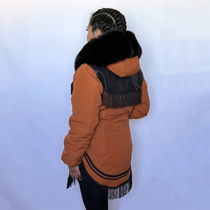 Copper commander and black leather parka with fringes (2022) Model Dawn Siutinuar