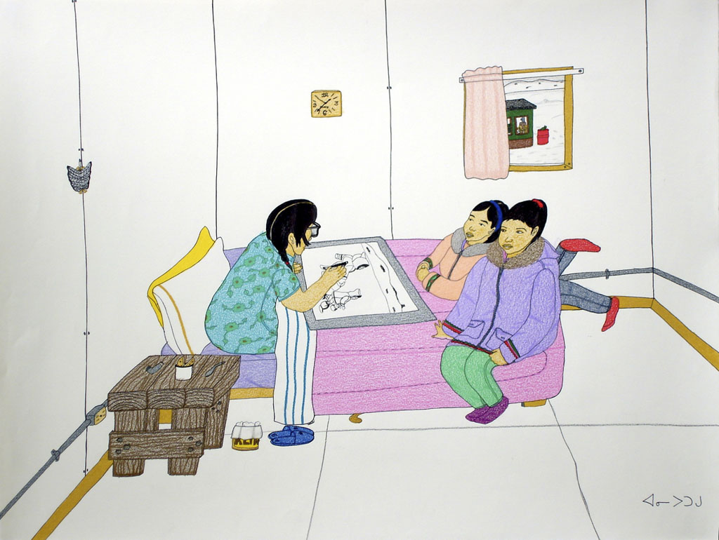 Pitseolak Drawing with Two Girls on the Bed (2006)