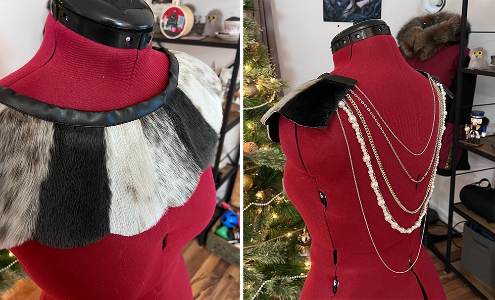 Sealskin collar with satin lining, leather trim and layered chain back (2021)