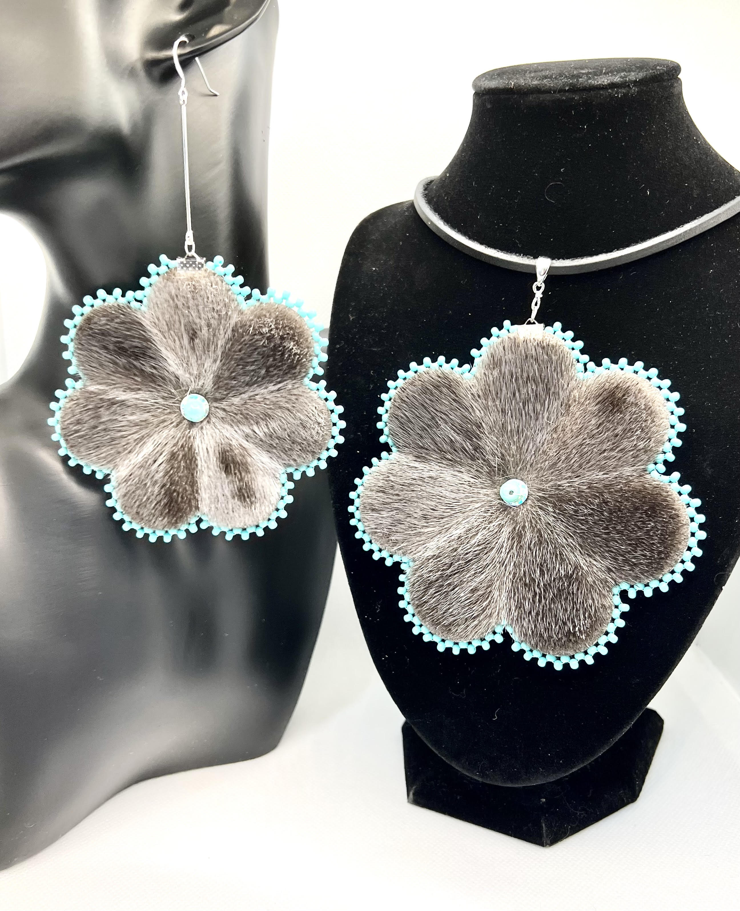 Turquoise Sealskin Flower Set