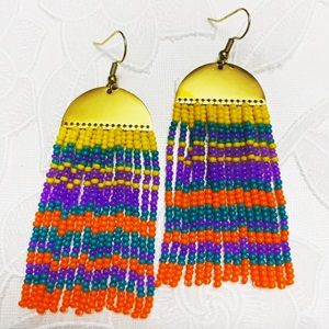 Gold plated qauruti earrings with yellow, turquoise, purple and orange beads (2020)