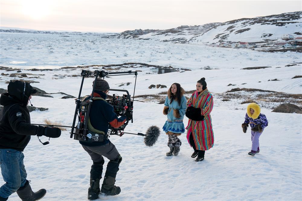 (L to R) Maika Harper as Neevee, Anna Lambe as Siaja and Hope Akeeagok in episode 101 of of North of North (Courtesy of APTN, CBC, Netflix; photo taken by Jasper Savage)
