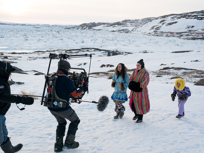(L to R) Maika Harper as Neevee, Anna Lambe as Siaja and Hope Akeeagok in episode 101 of of North of North (Courtesy of APTN, CBC, Netflix; photo taken by Jasper Savage)