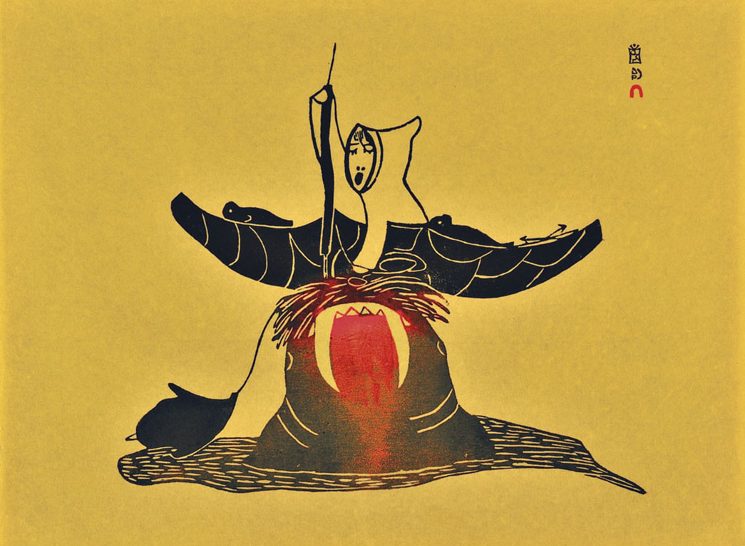 Napachie Pootoogook (1938-2002 Kinngait) Walrus Surprises Hunter (1967) 