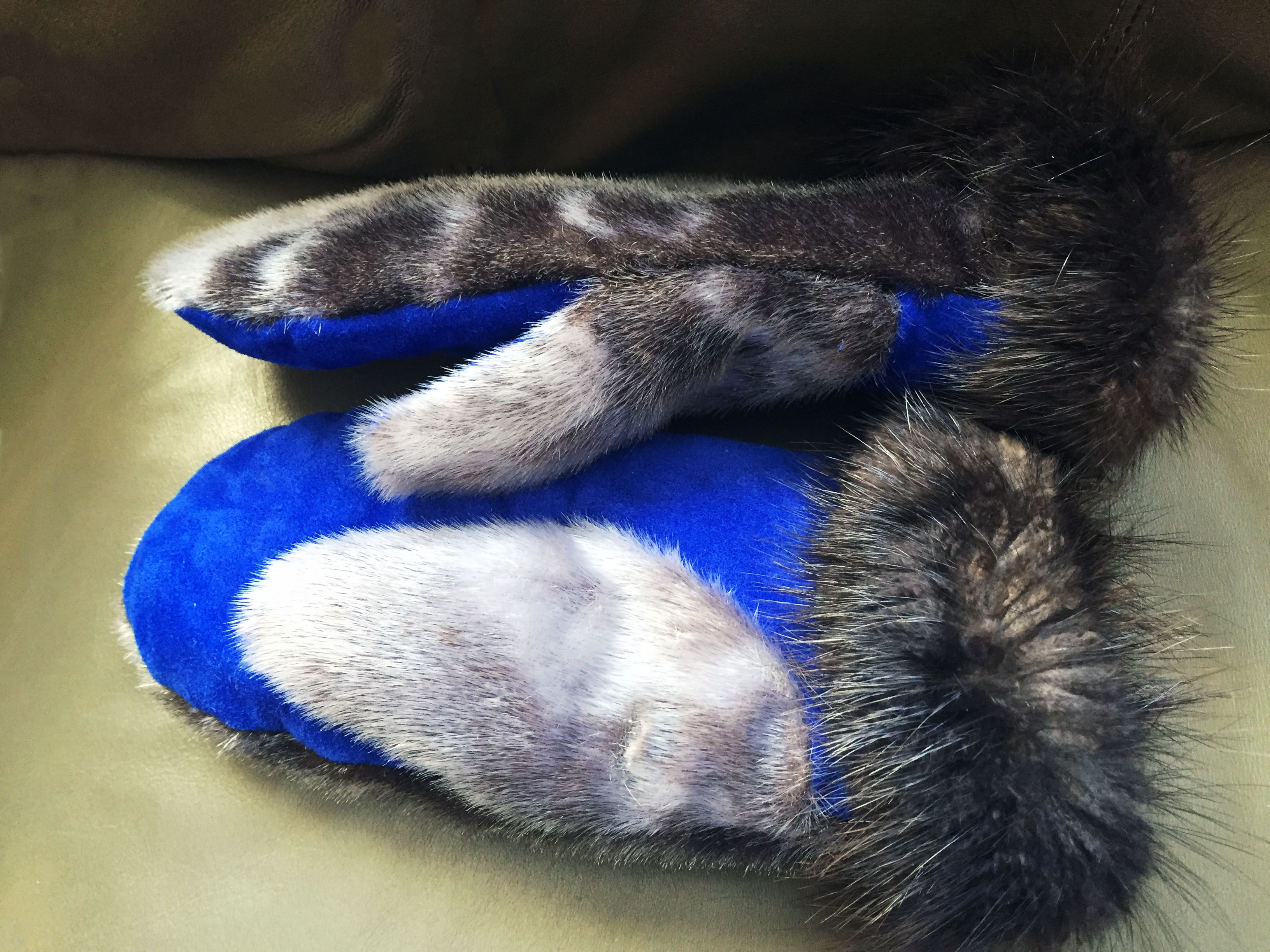 Peggy Andersen Simple Mitts.  Tanned ringed seal with royal blue moosehide; and beaver trim.