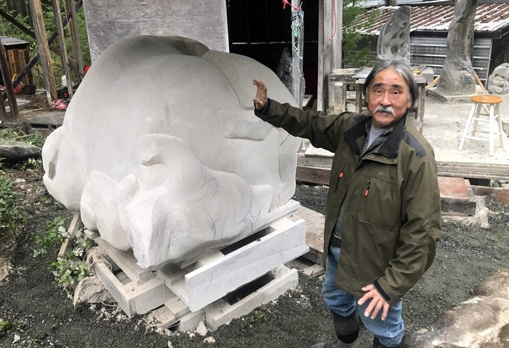 Abraham Anghik Ruben. Playtime, 2020. Indiana limestone. Collection of the WAG. Commissioned by Tannis M. Richardson, CM, LLD. 1