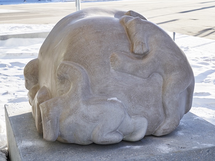 Abraham Anghik Ruben. Playtime, 2020. Indiana limestone. Collection of the WAG. Commissioned by Tannis M. Richardson, CM, LLD. 6