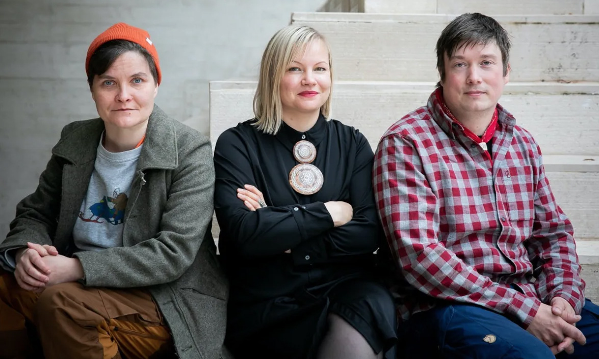 The artists of the 2022 Sámi Pavilion. (From left) Pauliina Feodoroff, Máret Ánne Sara and Anders Sunna