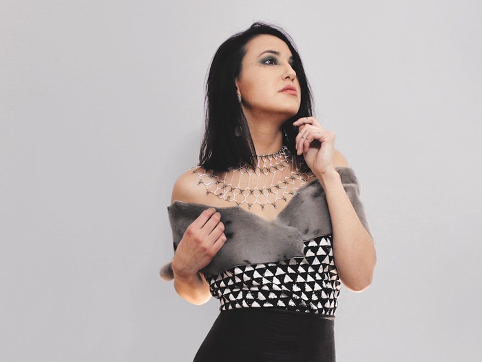 Nuvuja9 Caribou antler earrings, beaded necklace, sealskin shawl and sweetheart top with seal leather skirt