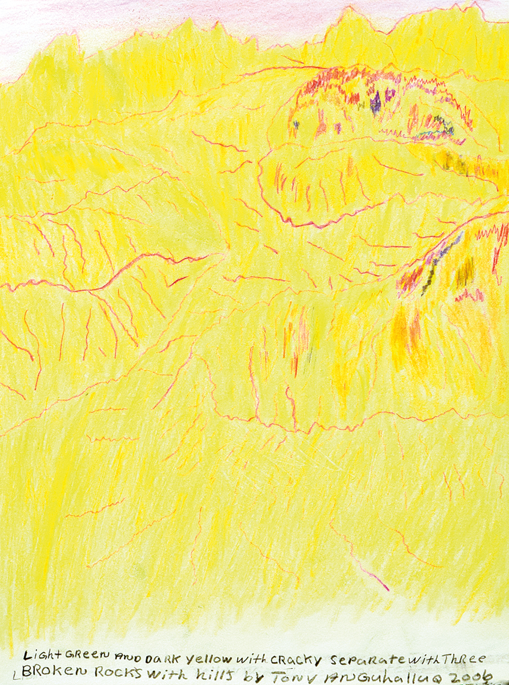 35.1_5Works_TAnguhalluq_LightGreenandDarkYellowwithCrackySeparatewithThreeBroken-RockswithHills(2006)